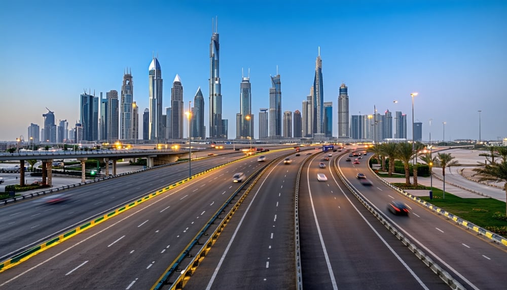 Dubai skyline with highways representing travel road toll solutions Dubai skyline with highways representing travel road toll solutions
